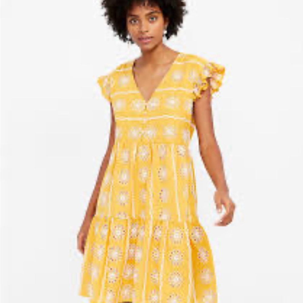 LOFT Yellow Tiered Midi Sundress with Flutter Sleeves
